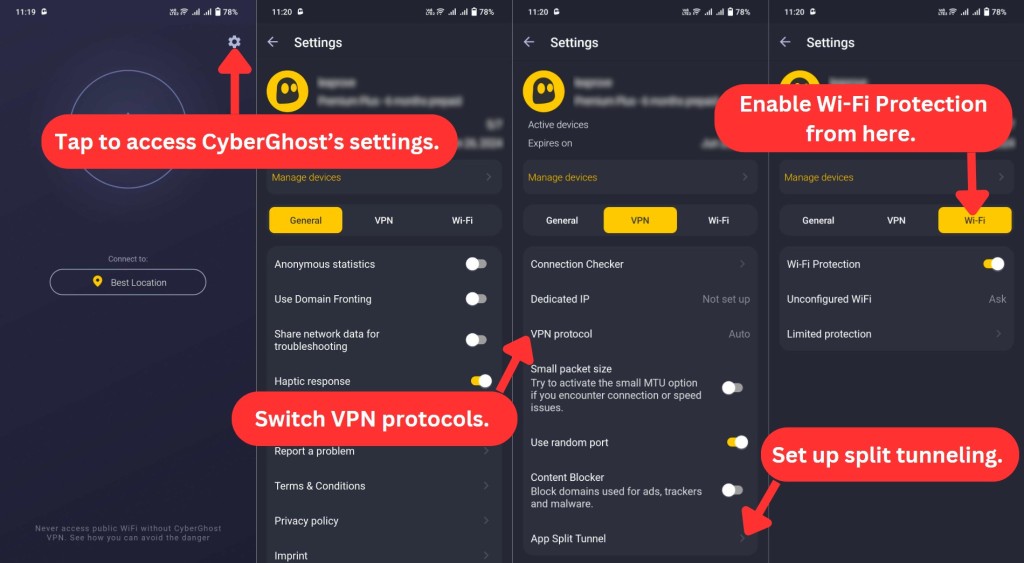 CyberGhost VPN settings on Android