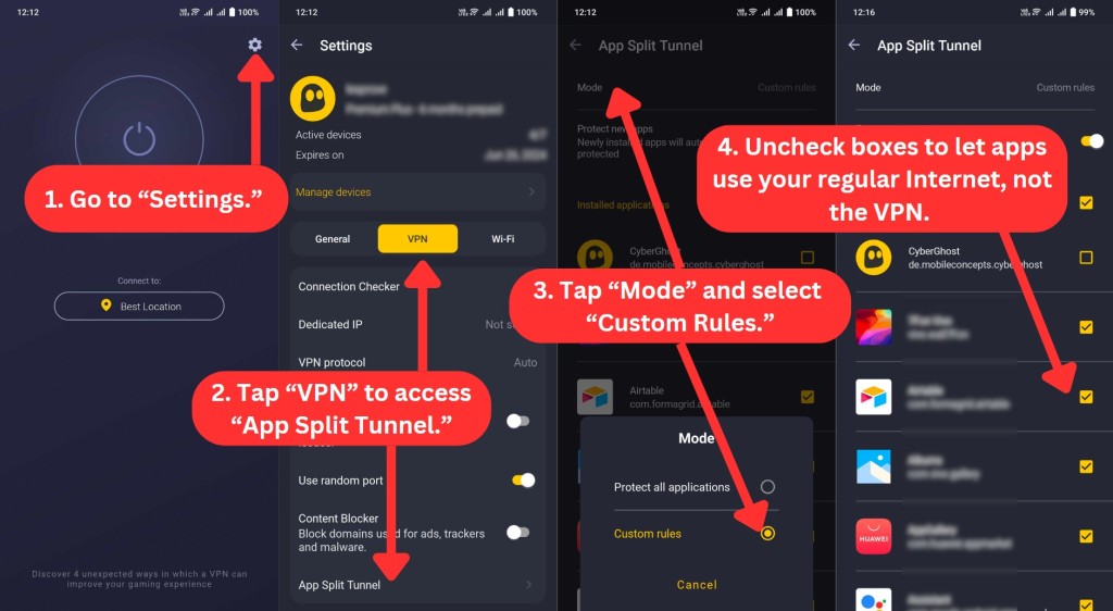 Enabling CyberGhost VPN Split Tunneling on Android