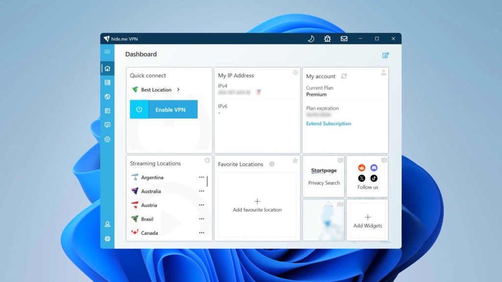 hide.me VPN dashboard on Windows