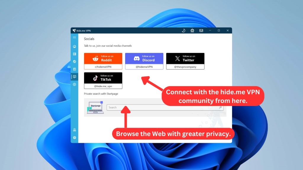 hide.me VPN Socials Menu on Windows