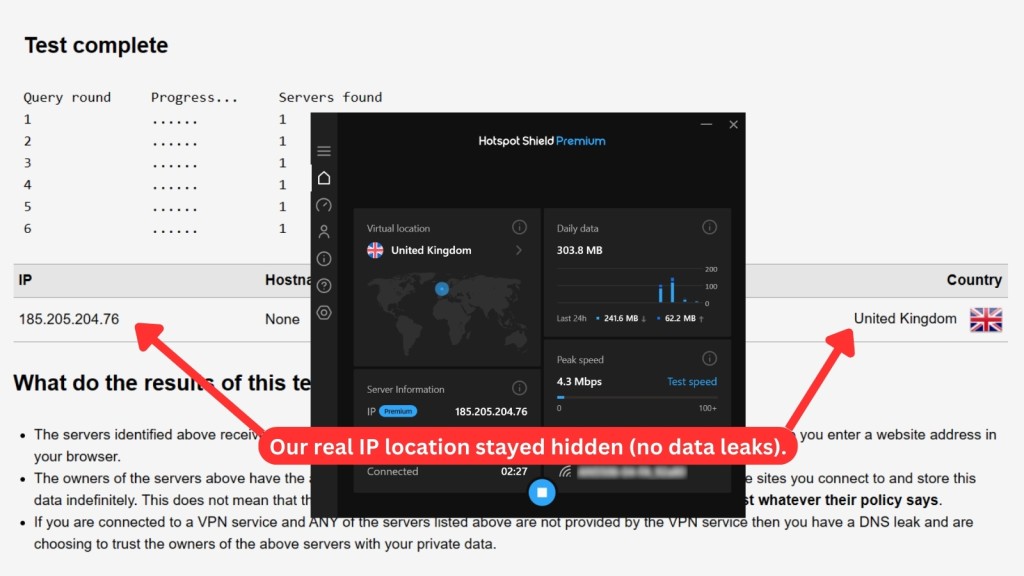 Hotspot Shield Premium DNS leak test result