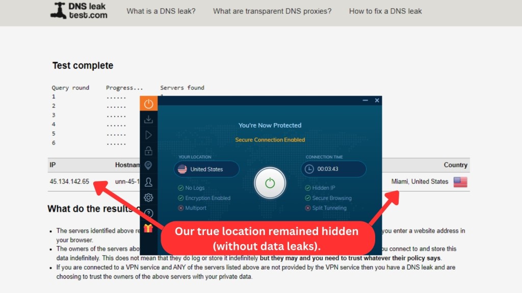 Ivacy VPN DNS leak test showing a US IP address