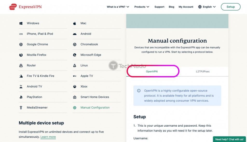 Manual Configuration Screen ExpressVPN