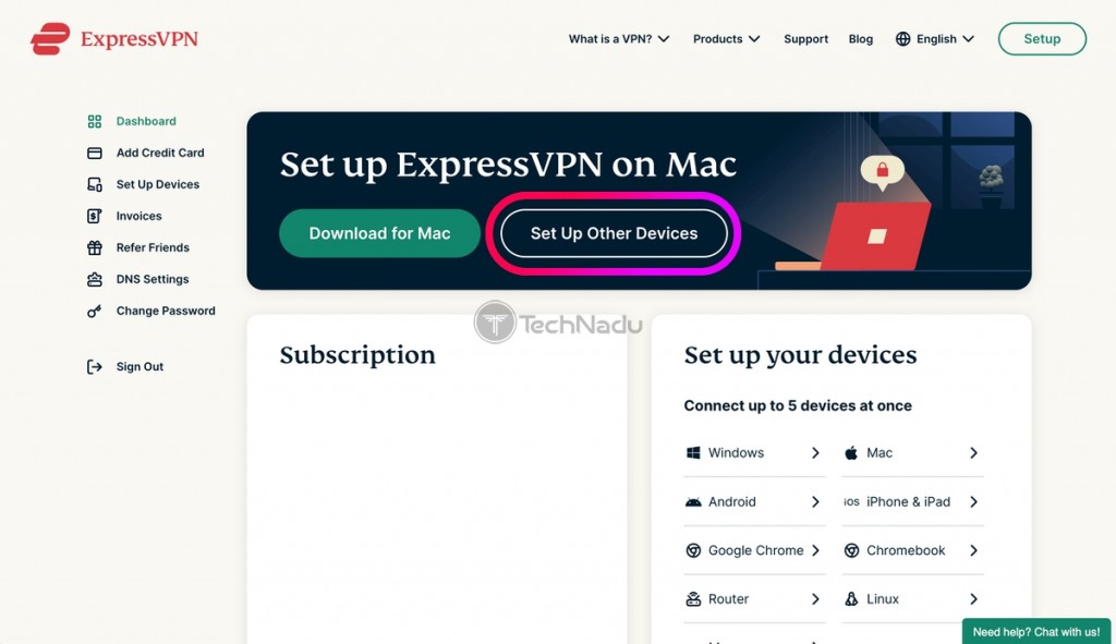 Set Up Other Devices Button ExpressVPN Dashboard