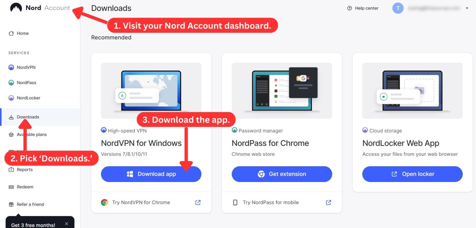 NordVPN account dashboard with steps on how to download NordVPN apps