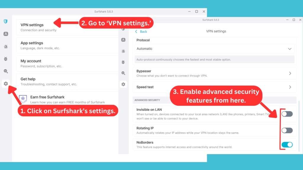 Steps to enable Surfshark Advance Security features