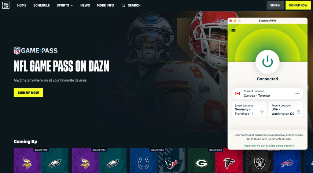 Streaming NFL Game Pass Using ExpressVPN