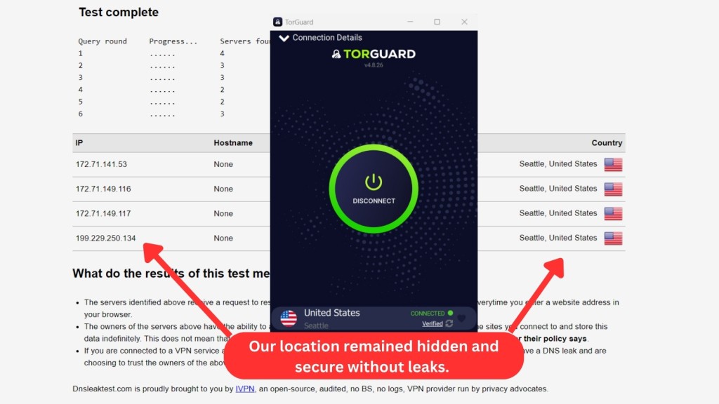 TorGuard DNS leak test result showing no data leaks