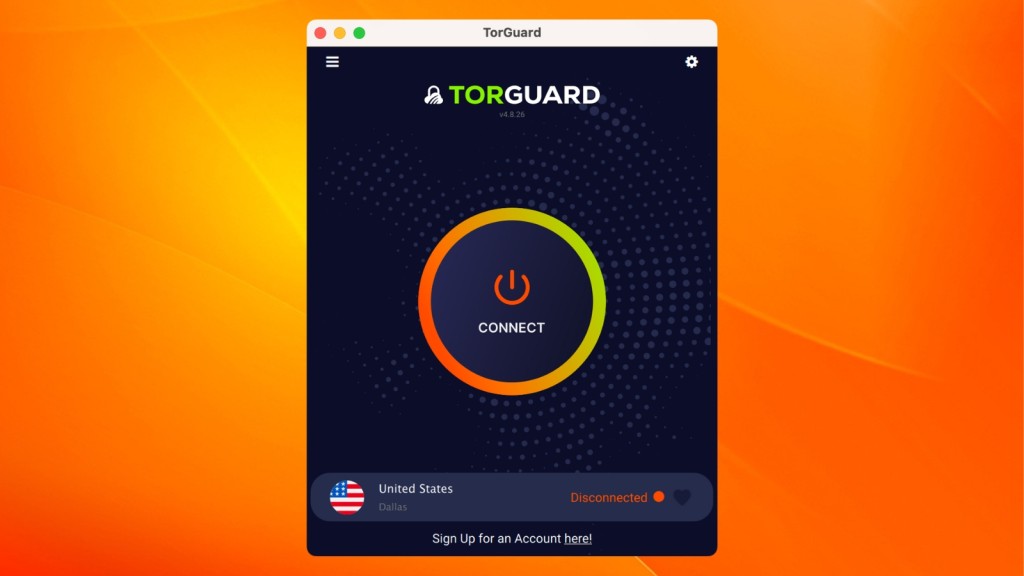 TorGuard VPN home screen on Mac