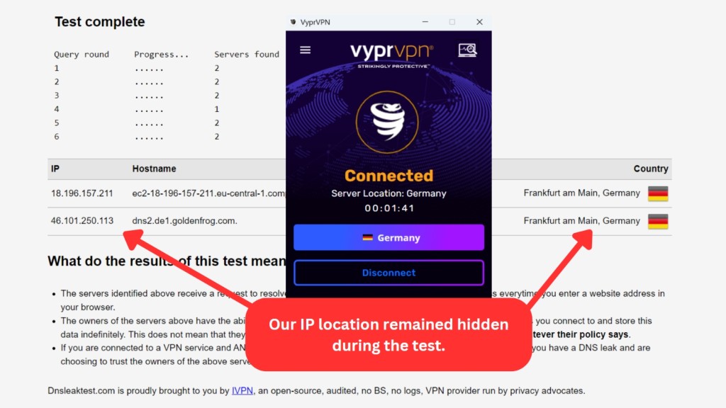 VyprVPN DNS leak test showing no leaks