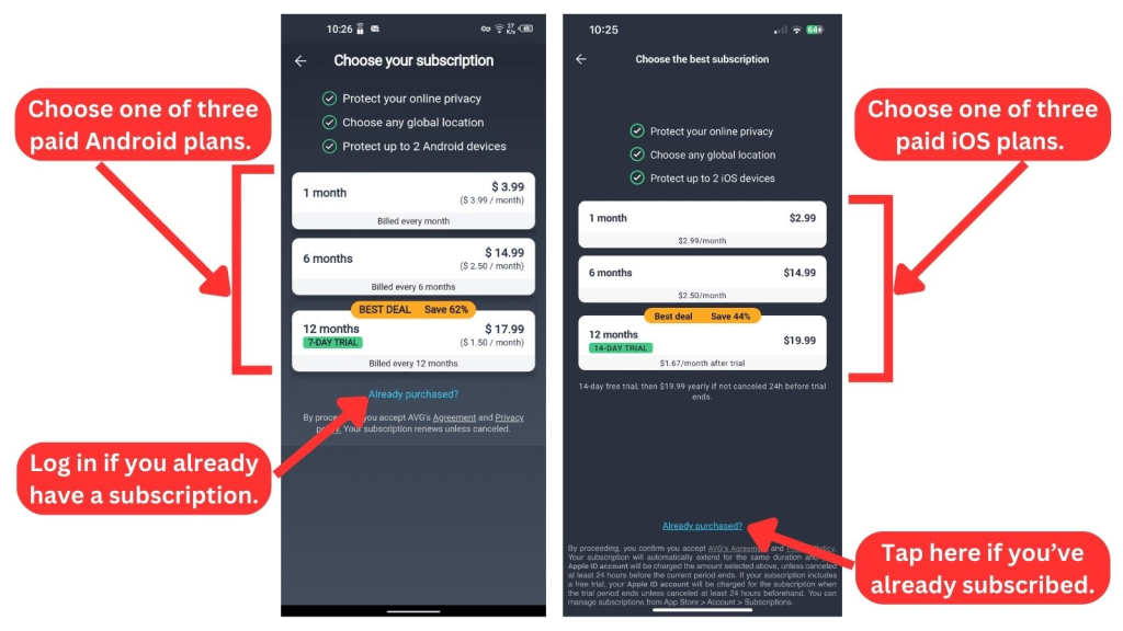 AVG Secure VPN mobile apps showing subscription plans