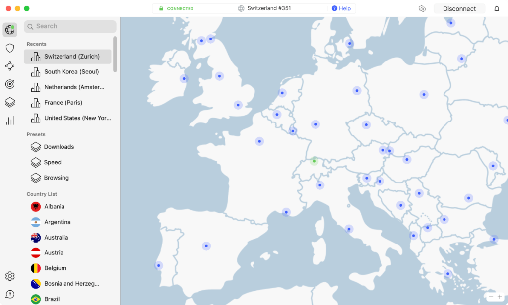 Connected to NordVPN Server in Zurich