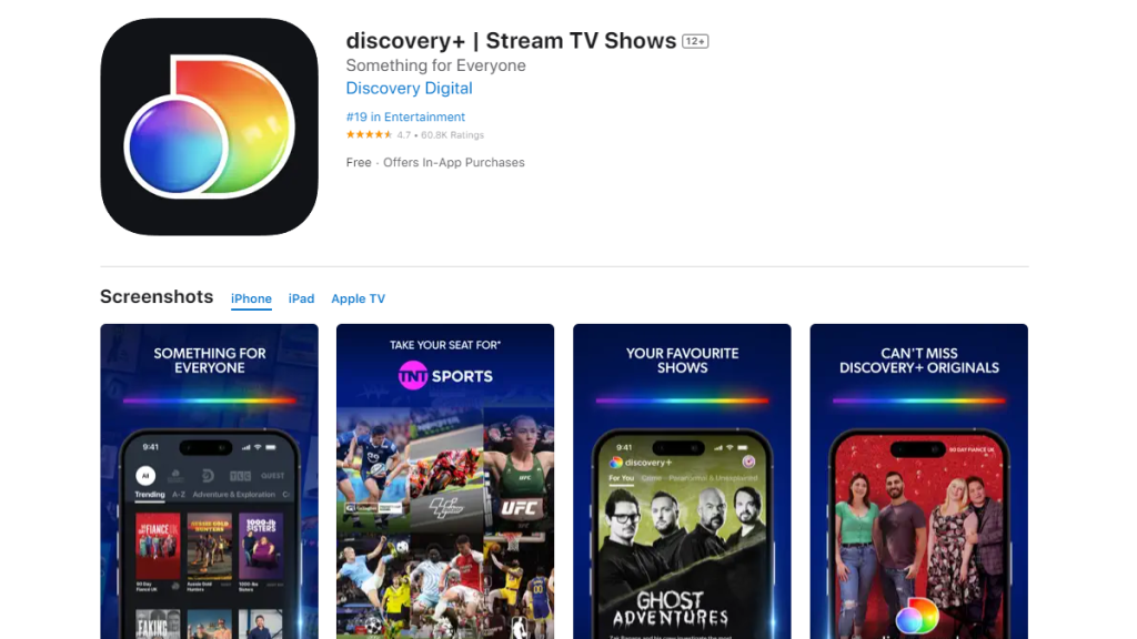 Discovery Plus App Store page