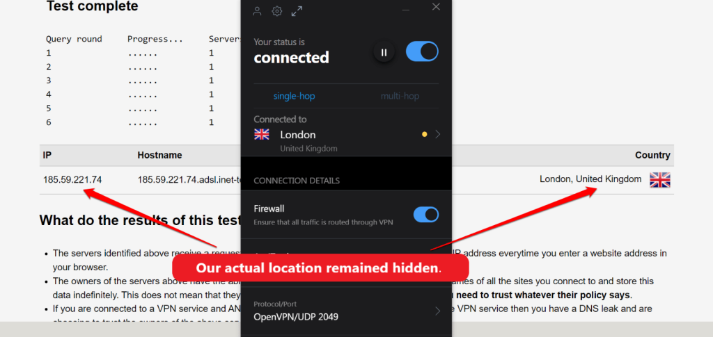 DNS leak test showing a UK IP address