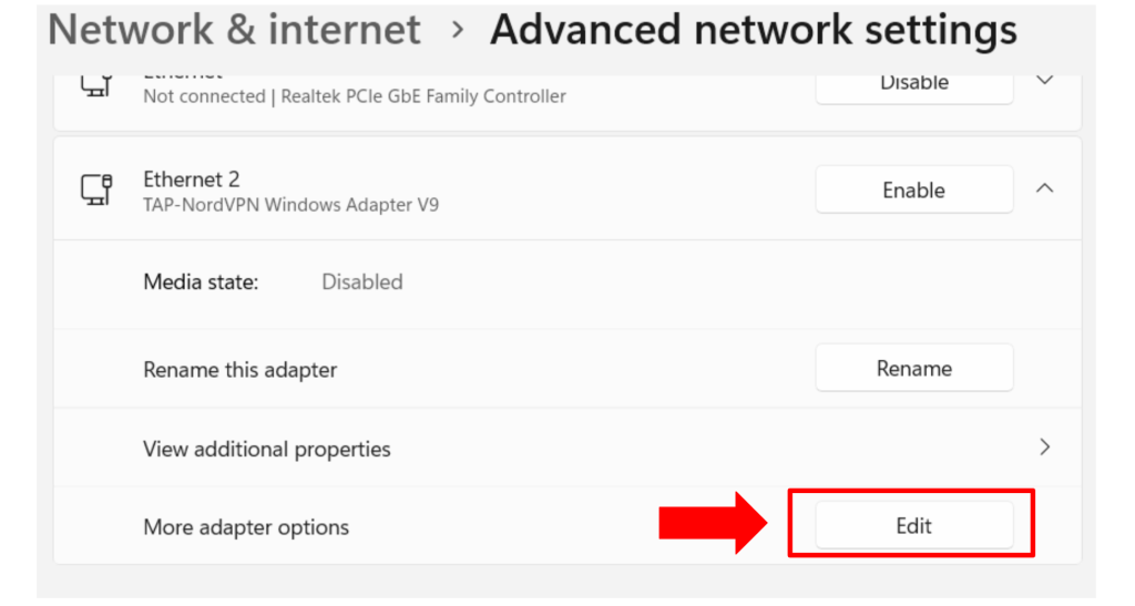 Editing Adapter Options on Windows