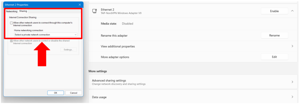 Changing the Sharing settings of NordVPN adapter in Windows.