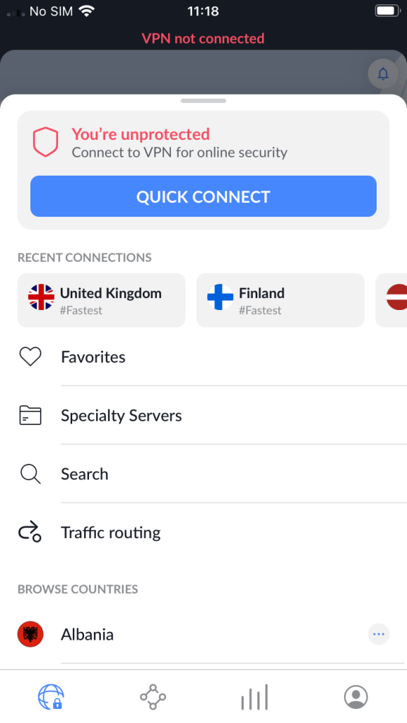 NordVPN Servers on iPhone