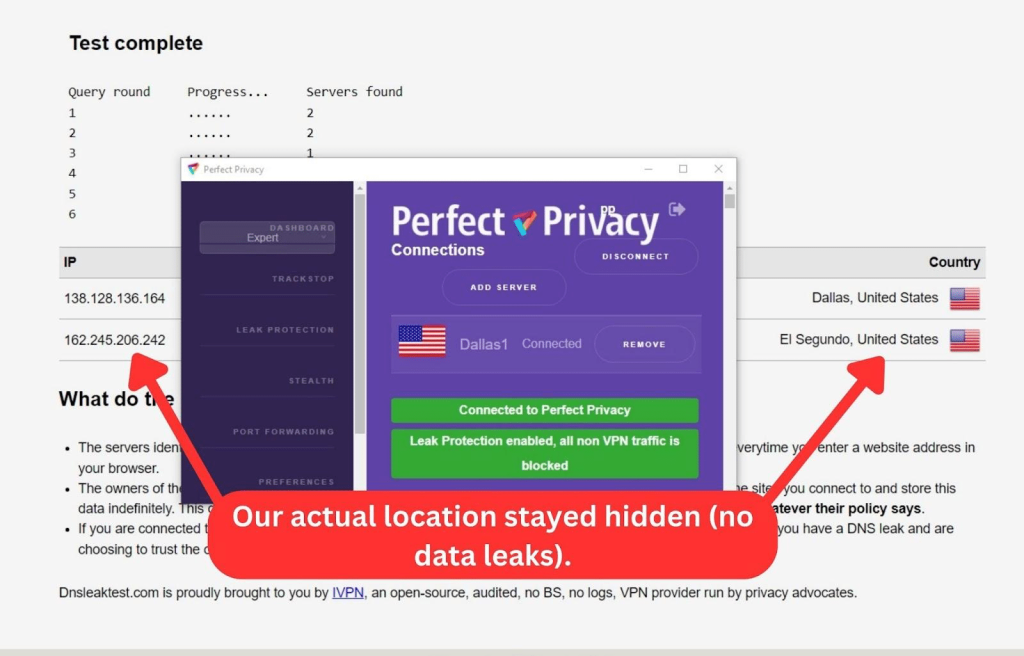 Perfect Privacy DNS leak test result showing no leaks