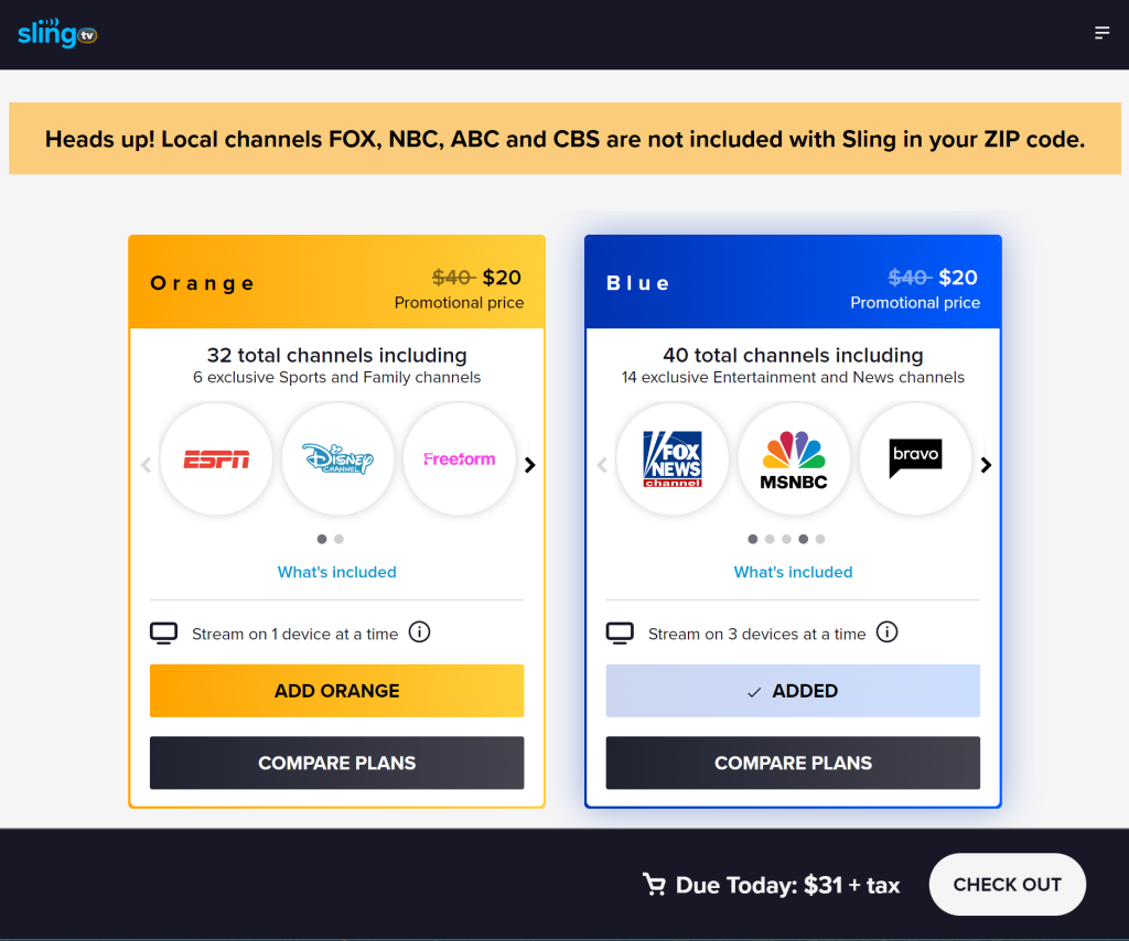 Sling TV base plan selection