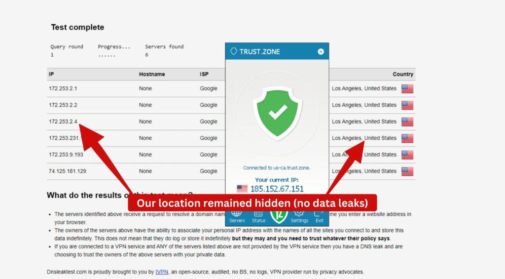 Testing Trust.Zone VPN for DNS leaks using a US VPN server