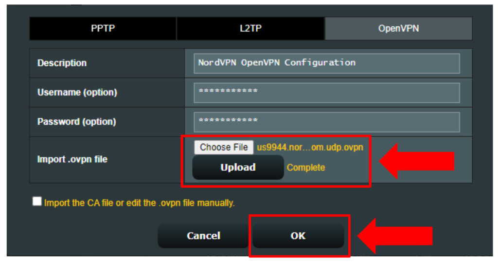 Uploading NordVPN Config File to ASUS Router